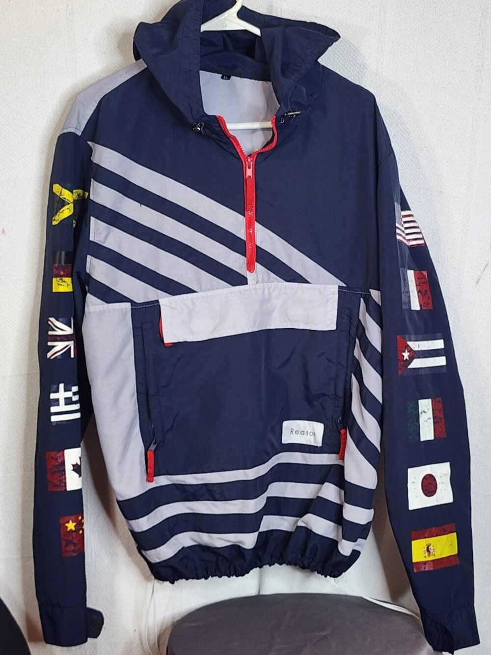 Reason Navy Grey Red 1/4 Zip World Class Flags Hooded Anorak Windbreaker Size XL